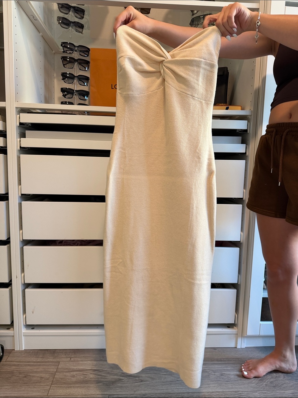 Strapless Twist-Front Cream Midi Dress